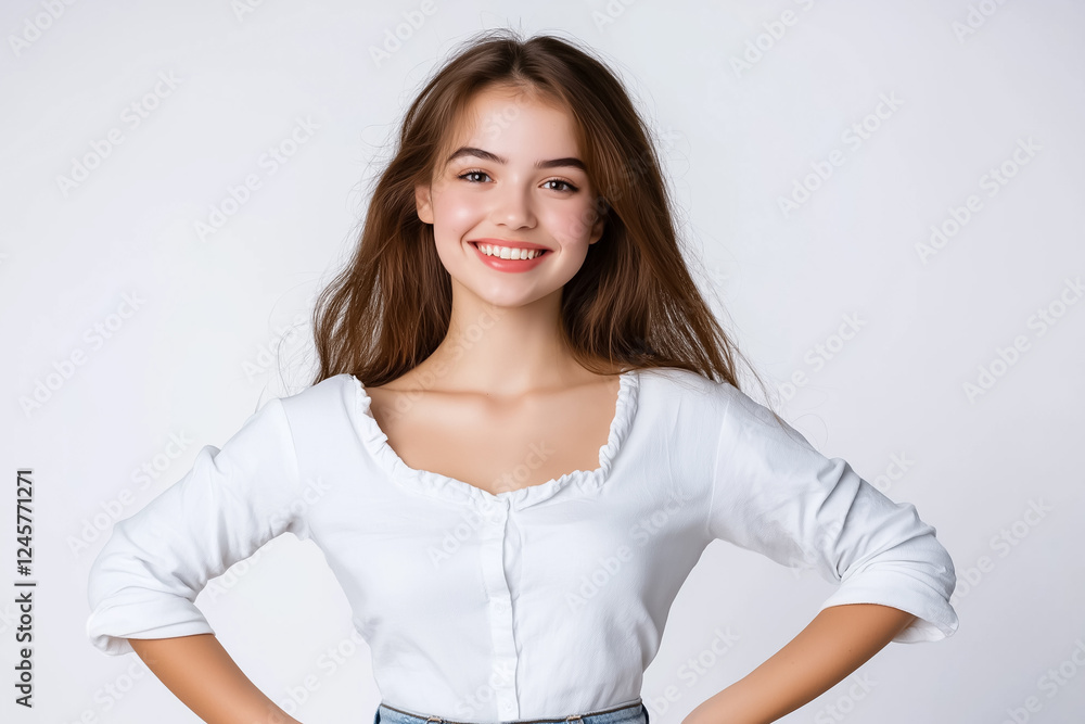 A studio portrait of a girl exuding confidence, hands on her hips, with a bold, proud smile A studio portrait of a girl exuding confidence, hands on her hips, with a bold, proud smile