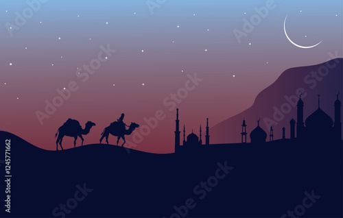 Ramadhan Kareem background vector illustration with camels walking through desert with camel rider at sunset.