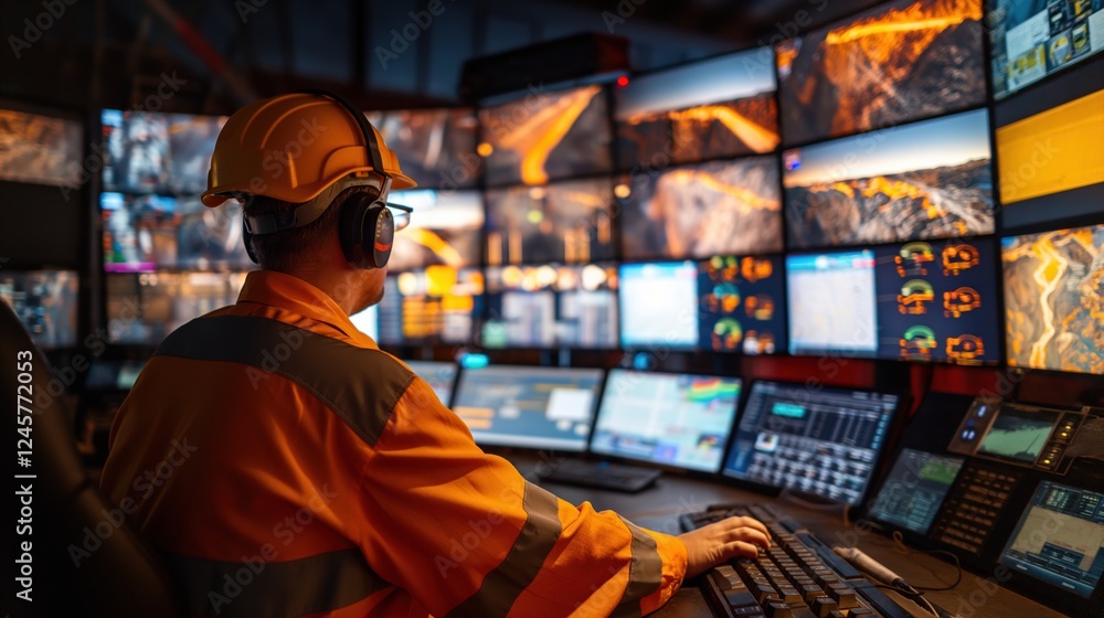 Engineer monitoring mining operations in a high-tech control room. Multiple screens display real-time data Engineer monitoring mining operations in a high-tech control room. Multiple screens display real-time data