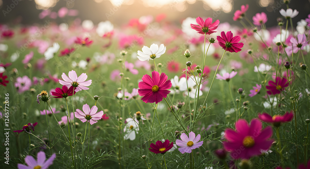 Cosmos Field in Sunlight: A vibrant cosmos field blooms in a picturesque setting, offering a breathtaking display of color and natural beauty. Petals gently dance in the sunlight. Cosmos Field in Sunlight: A vibrant cosmos field blooms in a picturesque setting, offering a breathtaking display of color and natural beauty. Petals gently dance in the sunlight.