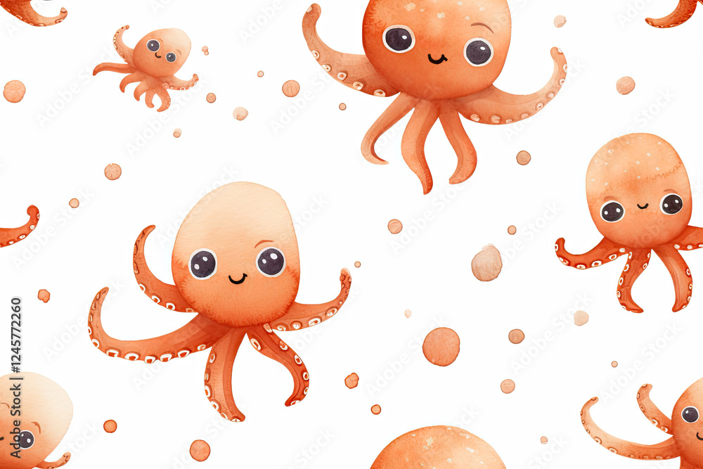 Playful Orange Cartoon Octopuses Seamless Pattern