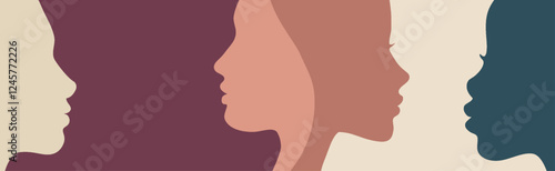 Close-up silhouette profile view faces of diverse women.  Female social network community. Racial equality.Friendship. Colleagues. Women s day. Banner copy space 
