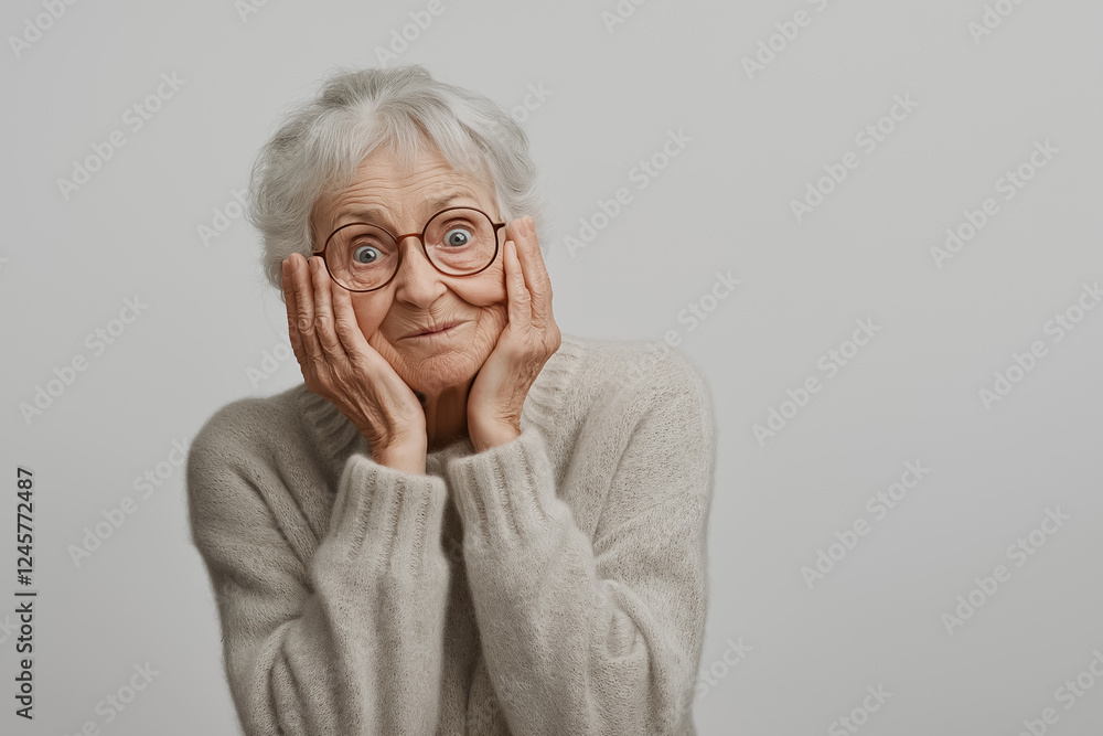 A studio portrait of a very elderly woman expressing wonder, her hands lightly touching her face A studio portrait of a very elderly woman expressing wonder, her hands lightly touching her face