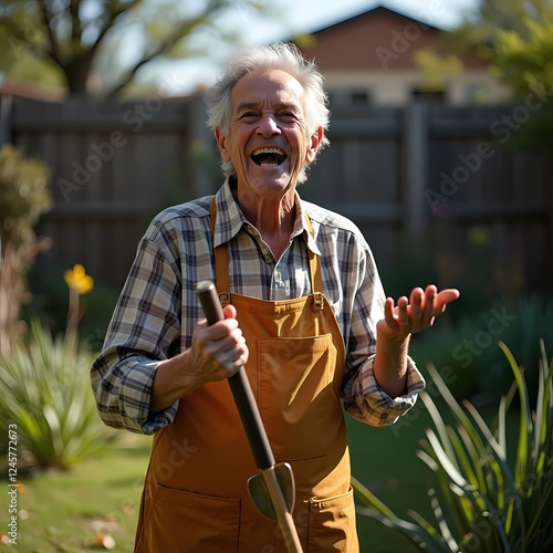 Gardening Joy: Middle-Aged Genderfluid Multiracial Individual Finds Laughter in Traditional Attire