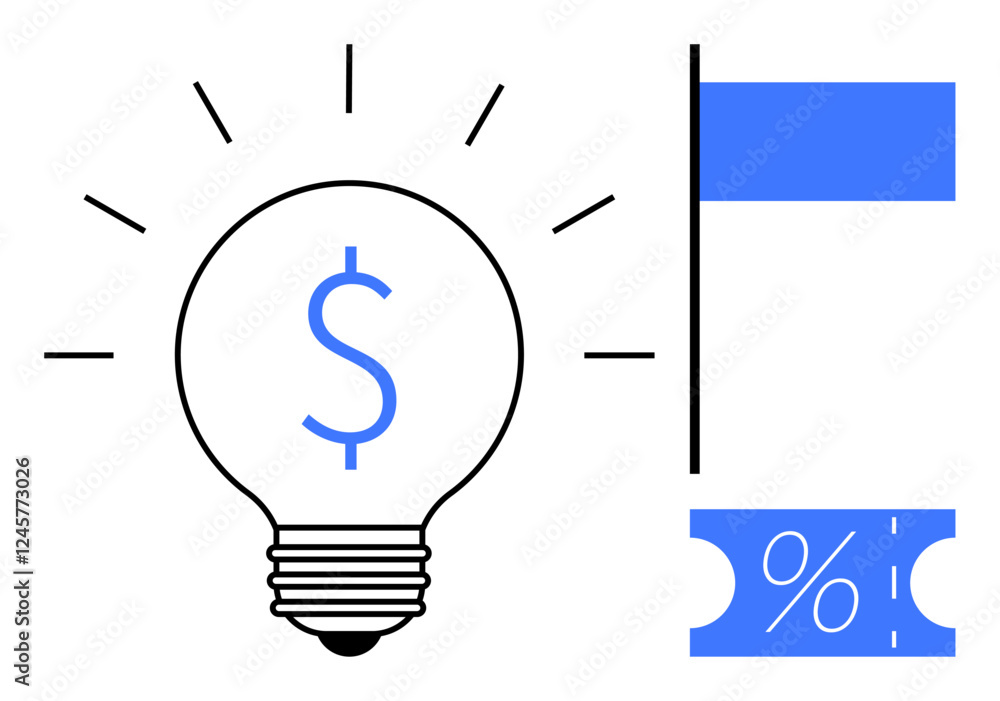 Lightbulb with dollar sign inside radiating ideas, adjacent to flag and percent tag. Ideal for innovation, financial strategies, savings, marketing, discounts, investment economic growth. Abstract