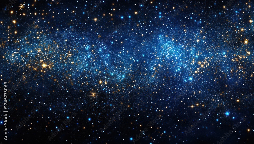 Obraz premium Stunning cosmic panorama showcasing a vast starry sky filled with bright twinkling stars against a deep dark blue background of the universe