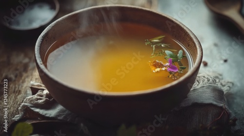 adaptogenic broth in a delicate ceramic bowl, its deep amber hue reflecting the richness of reishi mushrooms, ashwagandha, and astragalus. photo