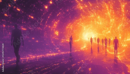Surreal Scene of Silhouetted Figures Walking Through a Colorful, Glowing Tunnel of Light and Energy, Symbolizing Journey and Transformation