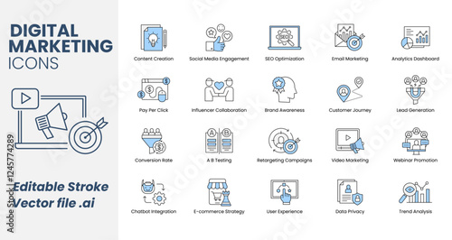 Digital Marketing Icons Set. Content Creation, Social Media Engagement, SEO Optimization, Pay Per Click, Lead Generation, and Key Marketing Tools. Vector Icon Set.