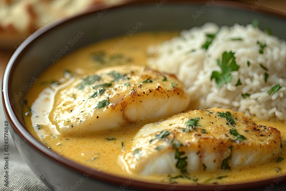 Indian fish curry with coconut milk, served with naan and a bowl of basmati rice Indian fish curry with coconut milk, served with naan and a bowl of basmati rice