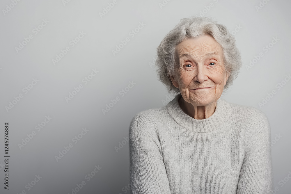 A studio portrait of a very elderly woman with a mischievous glint in her eyes, her lips forming a cheeky grin A studio portrait of a very elderly woman with a mischievous glint in her eyes, her lips forming a cheeky grin