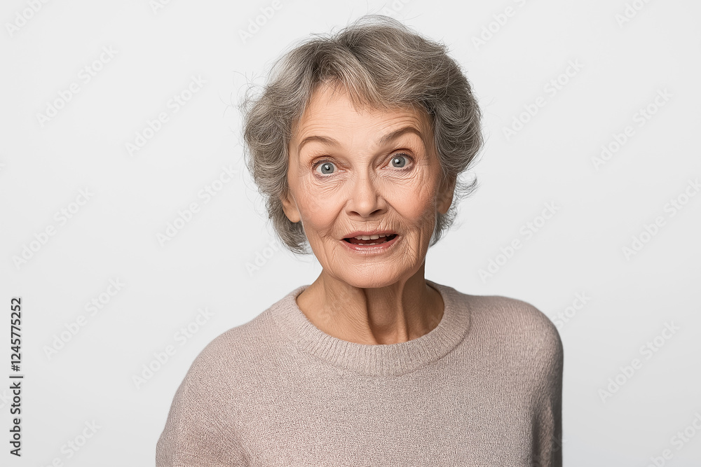 A studio portrait of a very elderly woman with an expression of surprise, her mouth slightly open in wonder A studio portrait of a very elderly woman with an expression of surprise, her mouth slightly open in wonder