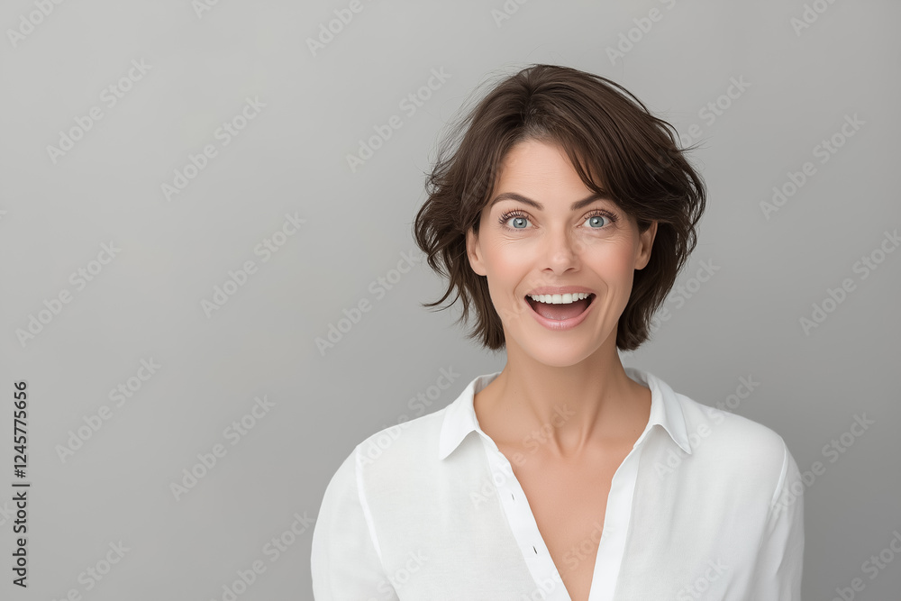 A studio portrait of a woman expressing awe, with her mouth slightly open and eyes wide A studio portrait of a woman expressing awe, with her mouth slightly open and eyes wide