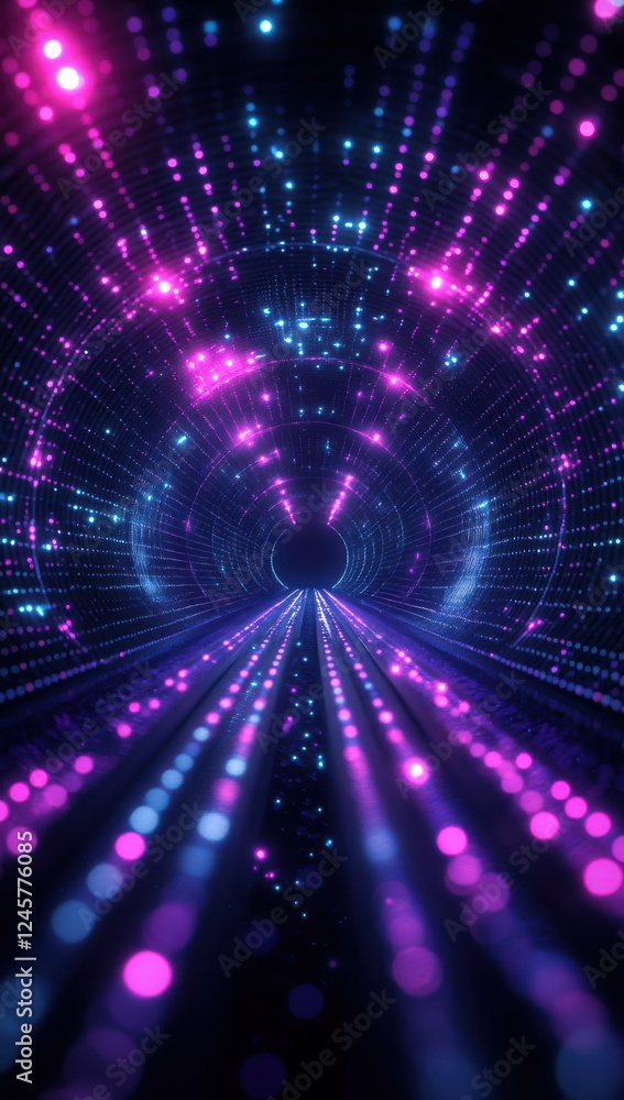 Fototapeta premium Vibrant Digital Tunnel of Light with Blue and Pink Particles Creating a Futuristic and Abstract Visual Experience in 3D Space