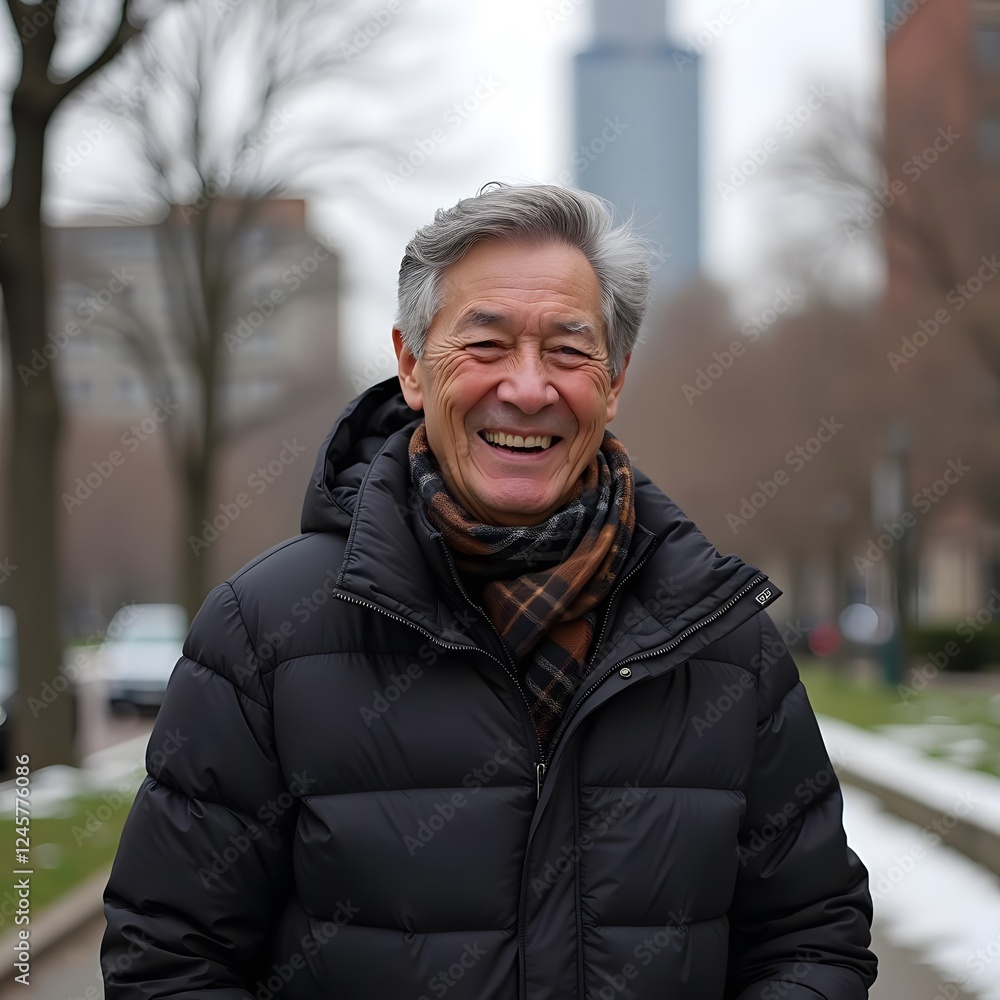 Radiant Winter Smiles: A Fiery Non-Binary Elder in Urban Park Radiant Winter Smiles: A Fiery Non-Binary Elder in Urban Park