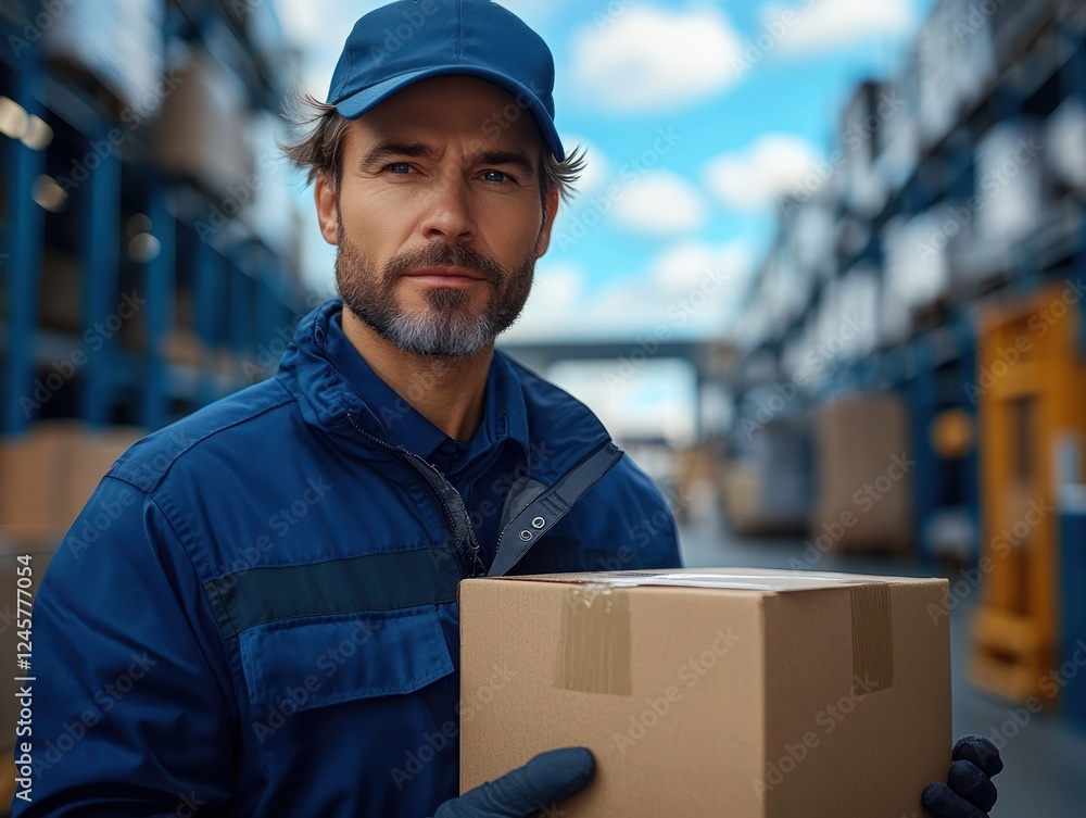 Logistics Delivery Staff Young Man in Blue Uniform with Cardboard Box Against Blue Sky Logistics Delivery Staff Young Man in Blue Uniform with Cardboard Box Against Blue Sky