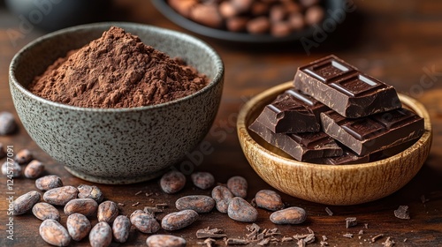 Cocoa powder, chocolate, beans, wood, table, background, ingredients, food photography, recipe