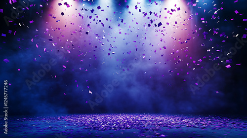 Fototapeta Naklejka Na Ścianę i Meble -  A dark room with a blue background and purple confetti falling from the ceiling. high resolution AI Generative image