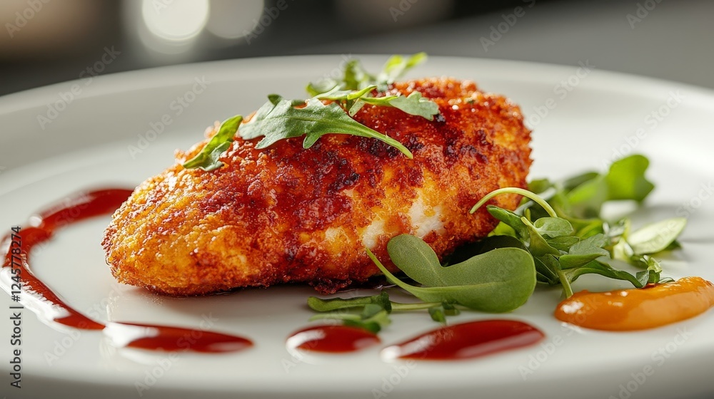 A beautifully plated fried food item garnished with greens and sauces. A beautifully plated fried food item garnished with greens and sauces.