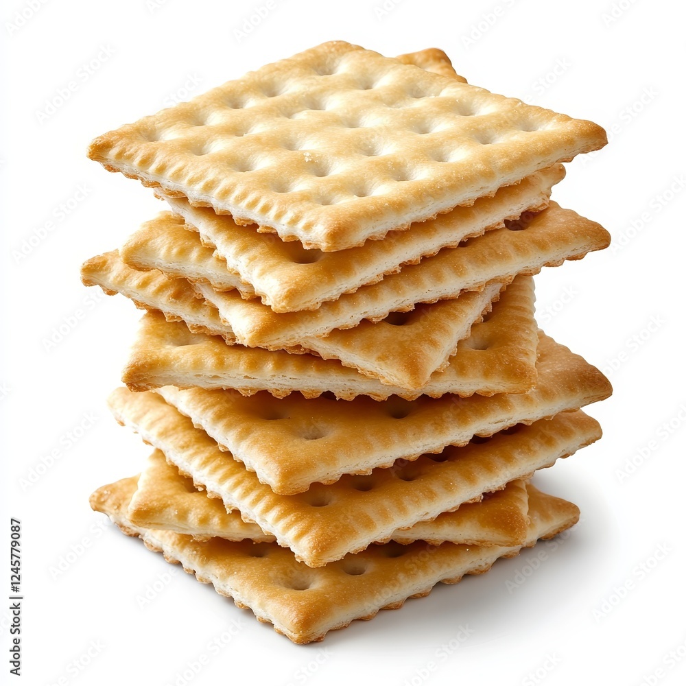 Stacked square crackers, isolated, white background, food photography, snack Stacked square crackers, isolated, white background, food photography, snack