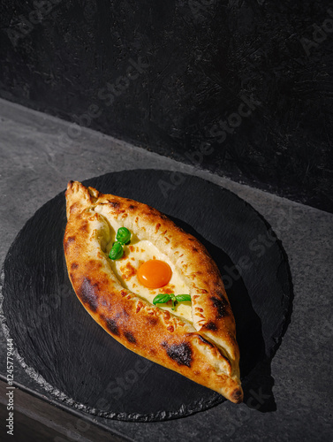 Delicious adjarian khachapuri served on a black stone plate with a vibrant egg yolk and fresh greens photo