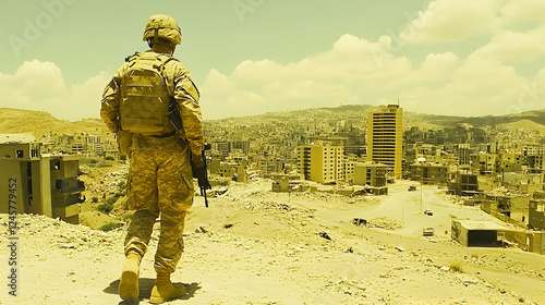 Soldier surveys war-torn city, arid landscape photo