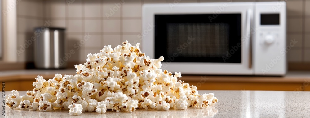 Fototapeta premium A large pile of fresh popcorn occupies a kitchen countertop, showcasing its fluffy texture against a blurred background of the microwave
