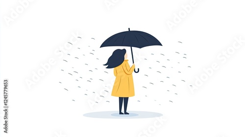 A woman in a yellow coat holding an umbrella stands in the rain, surrounded by falling droplets