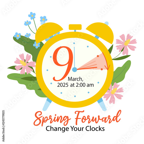 Daylight Saving Time Begins concept. Spring Forward Time banner with clocks moved forward one hour. Banner with calendar date for Canada and USA at march 9, 2025