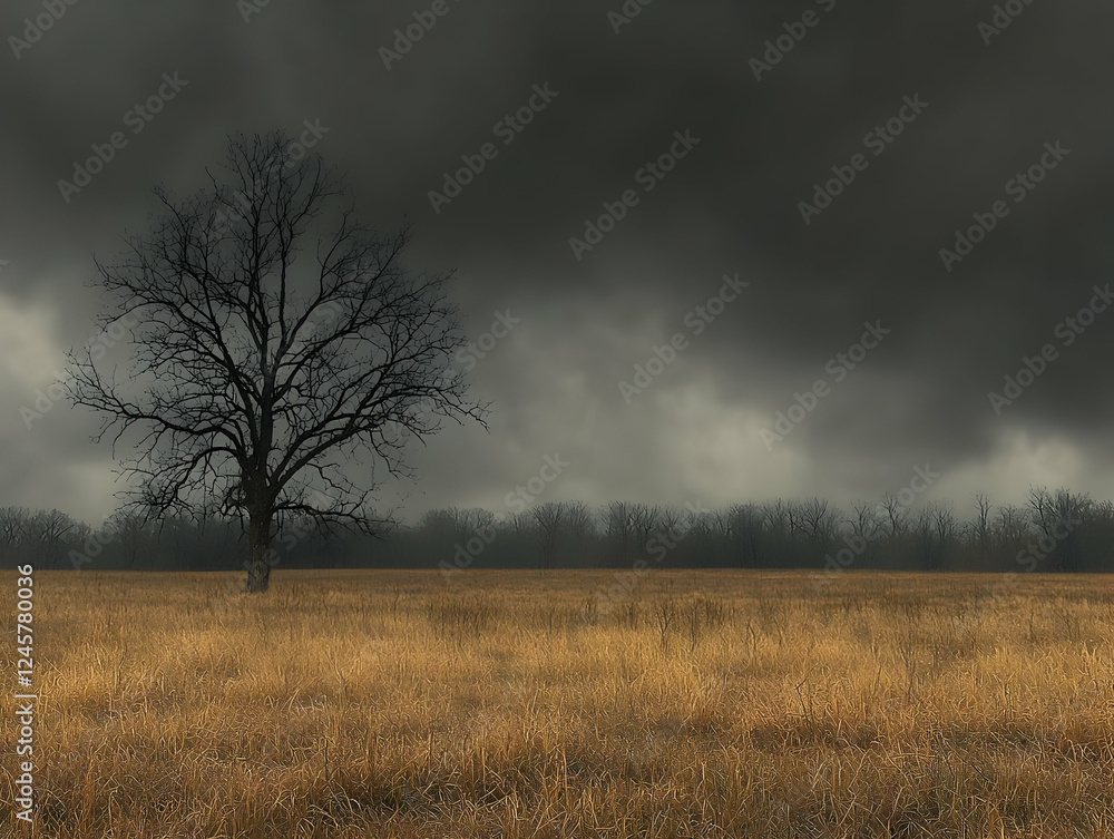 Lone tree in field, stormy sky, winter landscape, nature photography Lone tree in field, stormy sky, winter landscape, nature photography