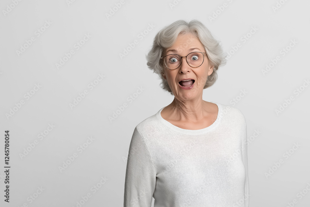 A studio portrait of an elderly woman showing surprise, her mouth slightly open and eyes wide A studio portrait of an elderly woman showing surprise, her mouth slightly open and eyes wide