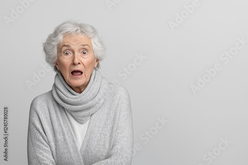 A studio portrait of an elderly woman showing surprise, her mouth slightly open and eyes wide photo