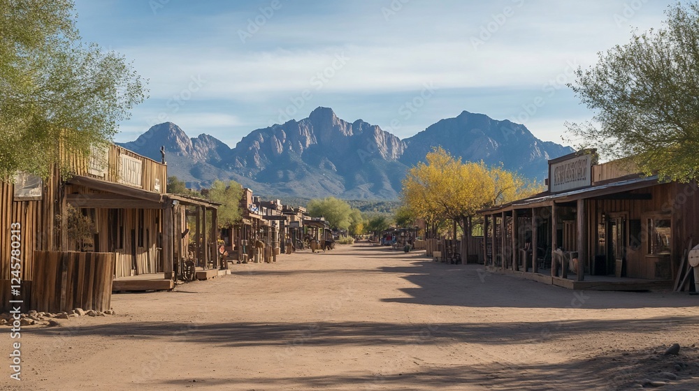A deserted old western town with wooden buildings and mountains in the background. A deserted old western town with wooden buildings and mountains in the background.
