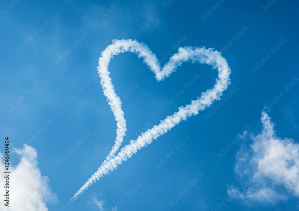 Fototapeta premium A heart-shaped trail of smoke drifts across the blue sky from an airplane, symbolizing love and romance in flight. The clean, crisp sky accentuates the unique shape, adding to the dreamy atmosphere.