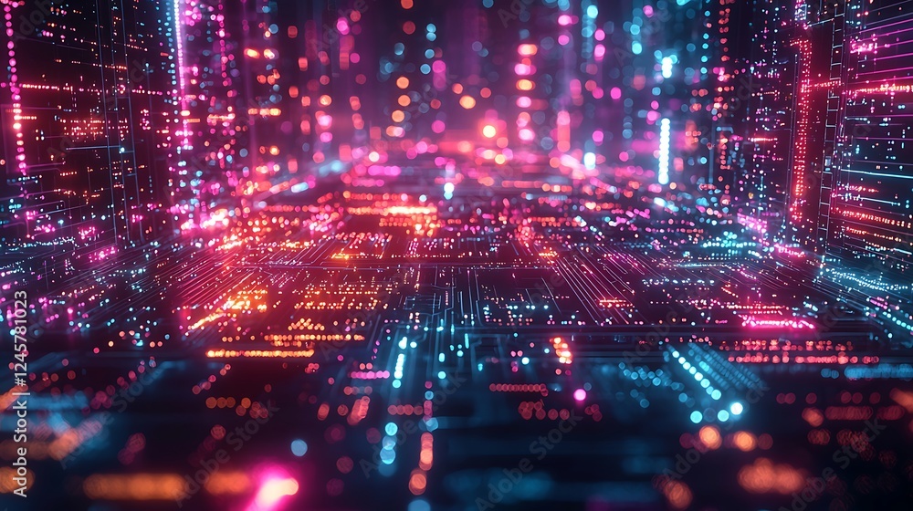 Futuristic Digital Cityscape Neon Lights and Circuitry. Futuristic Digital Cityscape Neon Lights and Circuitry.