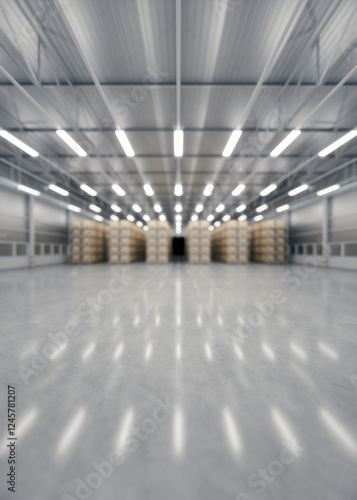 3d rendering of warehouse industry building interior. known as distribution center  retail warehouse. Included cardboard box on shelf  empty space on concrete floor suit for industrial background.