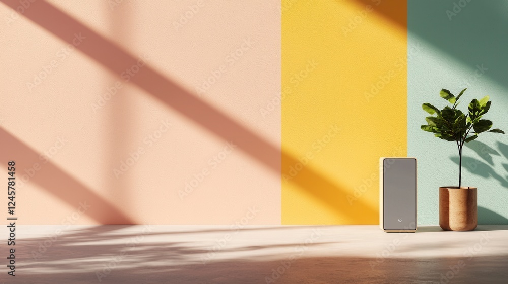 Serene Minimalist Room with Pastel Walls and Sunlight, Featuring a Potted Plant and Modern Speaker