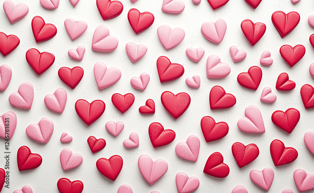 A seamless pattern of pink and red heart-shaped designs scattered across a white background. This romantic pattern creates a vibrant backdrop, perfect for Valentine?? Day or love-themed projects.