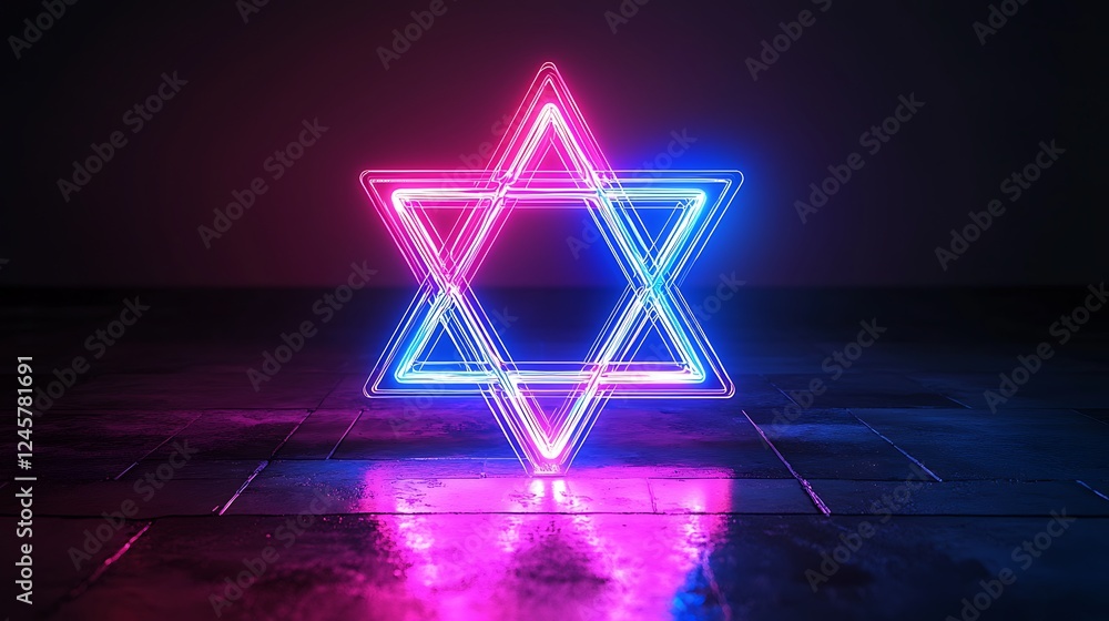 Neon Star of David Symbol on Dark Reflective Floor. Neon Star of David Symbol on Dark Reflective Floor.
