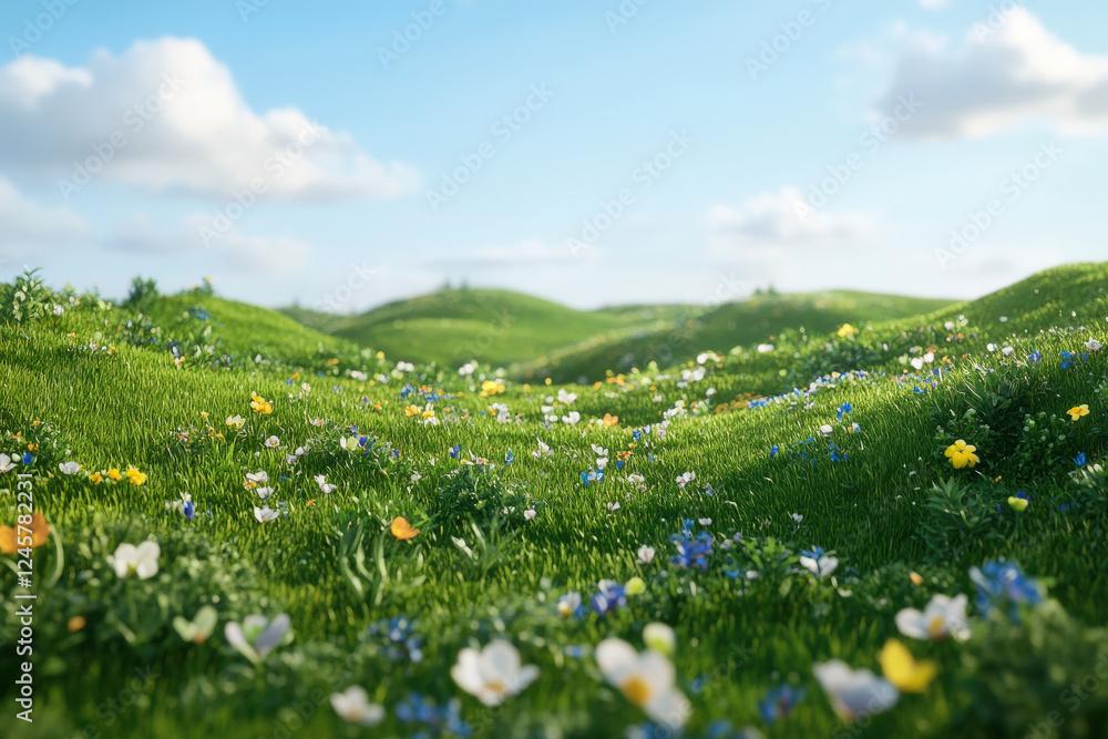 Fototapeta premium A Field of Dreams: A captivating panorama of rolling hills, carpeted in vibrant green grass and dotted with a symphony of colorful wildflowers, evokes a sense of tranquility and natural beauty. 