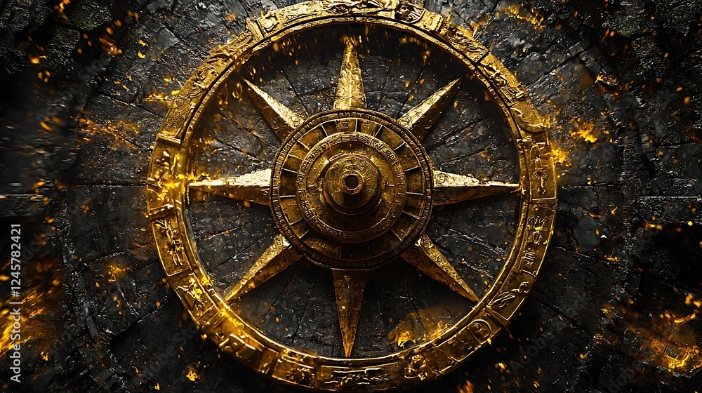 Obraz premium Golden Celestial Compass on Ancient Stone - Mystical Navigation Wheel.