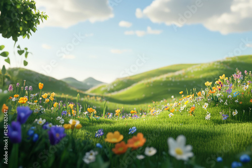 A Field of Dreams: Immerse yourself in the vibrant colors of a picturesque spring meadow, where a carpet of wildflowers blankets rolling green hills under a clear blue sky.