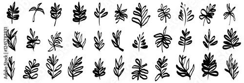 Ink marker gouache flowers hand drawn sketches illustrations. Dry brush stroke simple minimalistic floral doodles isolated on white for cosmetics, kid education.