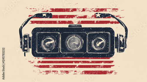 A pair of vintage headphones with three dials in the center over a distressed American flag background creating a nostalgic retro effect
 photo