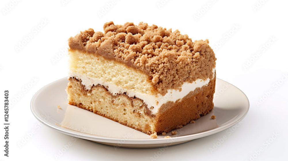 A slice of coffee cake with a crumb topping and creamy filling, on a plate against a white background A slice of coffee cake with a crumb topping and creamy filling, on a plate against a white background