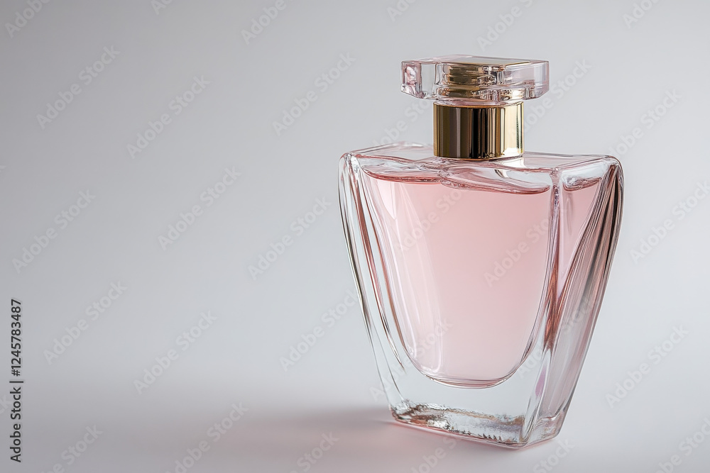 Fragrance Bottle: An elegant, translucent perfume bottle with a delicate pink liquid shimmers against a clean background. Fragrance Bottle: An elegant, translucent perfume bottle with a delicate pink liquid shimmers against a clean background.
