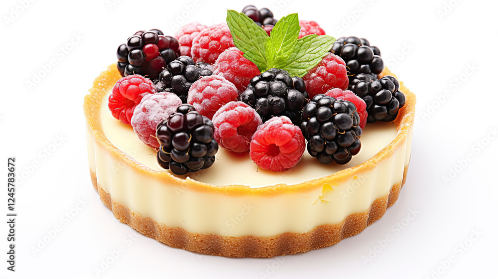 Close-up of a creamy cheesecake topped with fresh blackberries and raspberries Close-up of a creamy cheesecake topped with fresh blackberries and raspberries