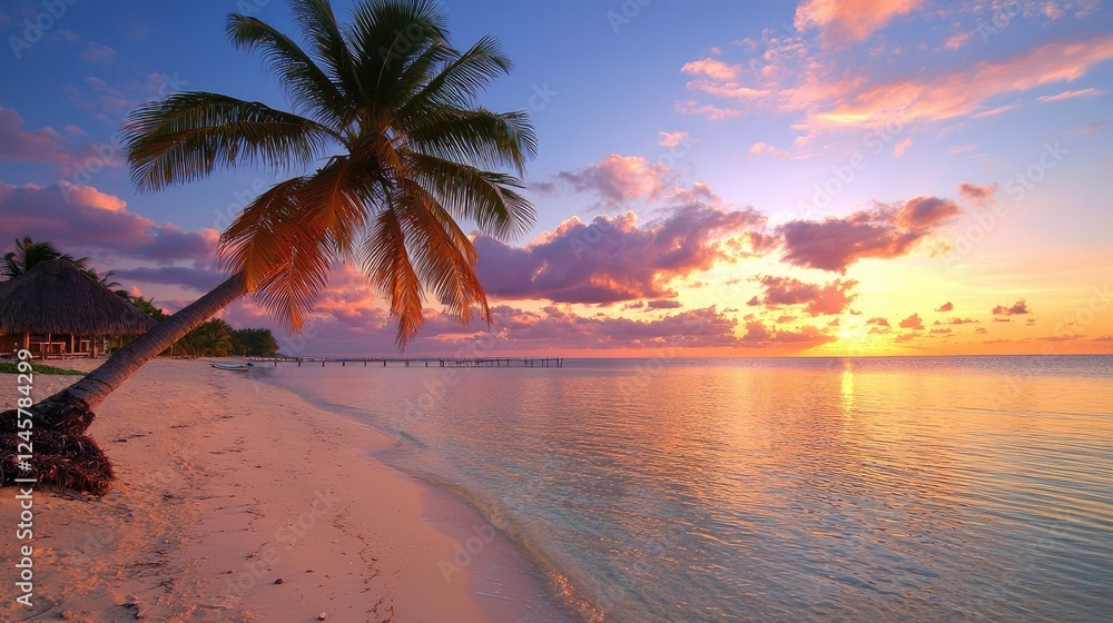 Fototapeta premium Tropical sunset beach paradise; calm ocean, palm tree