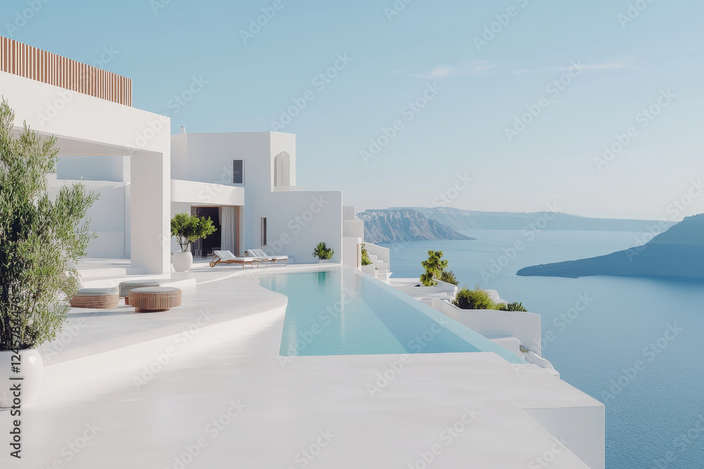 Fototapeta premium Cliffside Villa Infinity Pool: A luxurious, modern villa boasts a stunning infinity pool overlooking a breathtaking Aegean Sea vista.
