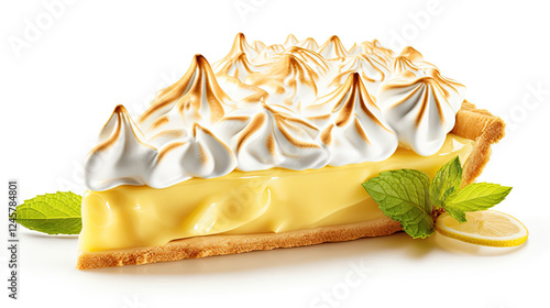 A slice of lemon meringue pie with a fluffy meringue topping and fresh mint garnish